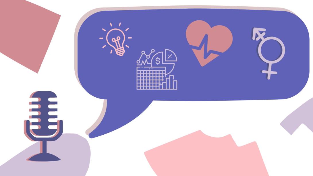 illustration swith speech bubble coming from a microphone filled with health, gender and idea icons